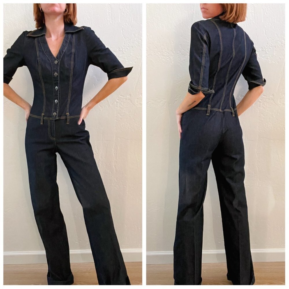 Y2K Dark Denim Cuffed Wide Leg Button Up Jumpsuit - Picture 4 of 6